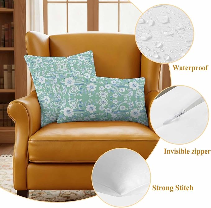 Light Green Blue Floral Waterproof Outdoor Pillow Covers Set of 2 Home Decor, Vintage Pastoral Botanical Pillowcase Patio Pillow Covers for Couch Bench Furniture Garden 20x20in