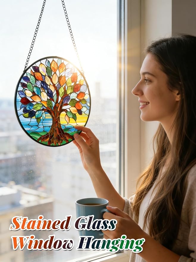 Tree of Life Stained Glass Suncatcher Window Hanging Birthday Gifts | 6.3in Garden Sun Catcher, Colorful Tree Art Sunrise Ornament for Door Home, Gift for Women Men & Mother's Day Christmas