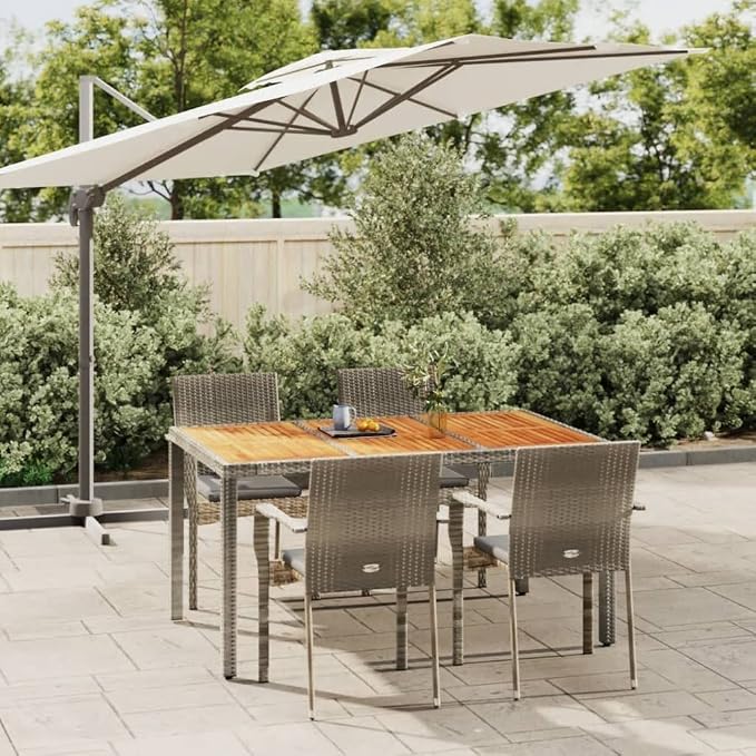 5 Piece Patio Dining Set with Cushions Gray Poly Rattan Outdoor Dining Table and 4 Chairs for Garden Backyard Deck Weather Resistant PE Wicker Steel Frame Acacia Wood Tabletop Comfortable Seating