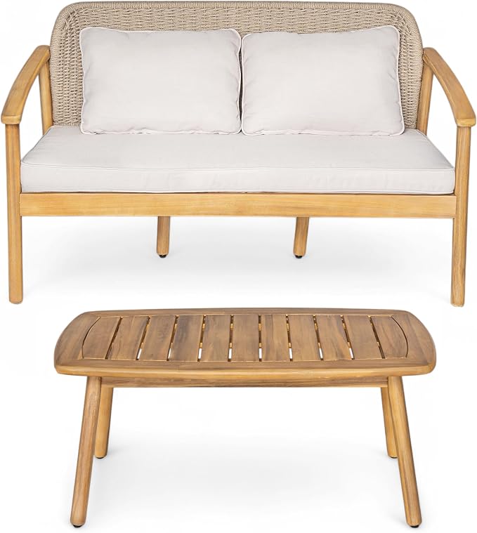 Merax 2 Piece Outdoor Conversation Set with Acacia Wood Coffee Table and Loveseat, Woven Rope Backrest Patio Seating Group, Patio Furniture Set for Porch, Garden, Backyard, Balcony, Light Teak Finish