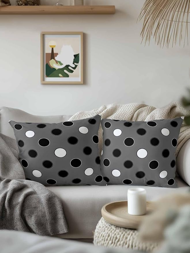 Waterproof Outdoor Pillow Set of 2 Black Polka Dots Decorative Throw Pillows Cover & Insert 16x16 Inch Pillowcase Funny Circles Spots Square Pillows for Couch Sofa Bed Patio Furniture Indoor Outdoor