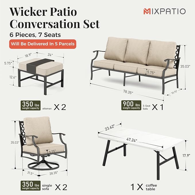 MIXPATIO Patio Furniture Set 6 pcs, Outdoor Patio Furniture, 3-Seat Sofa, 2 Swivel Chairs, 2 Ottomans, Coffee Table and 5.75" Extra Thick Cushion, Patio Conversation Set,Beige