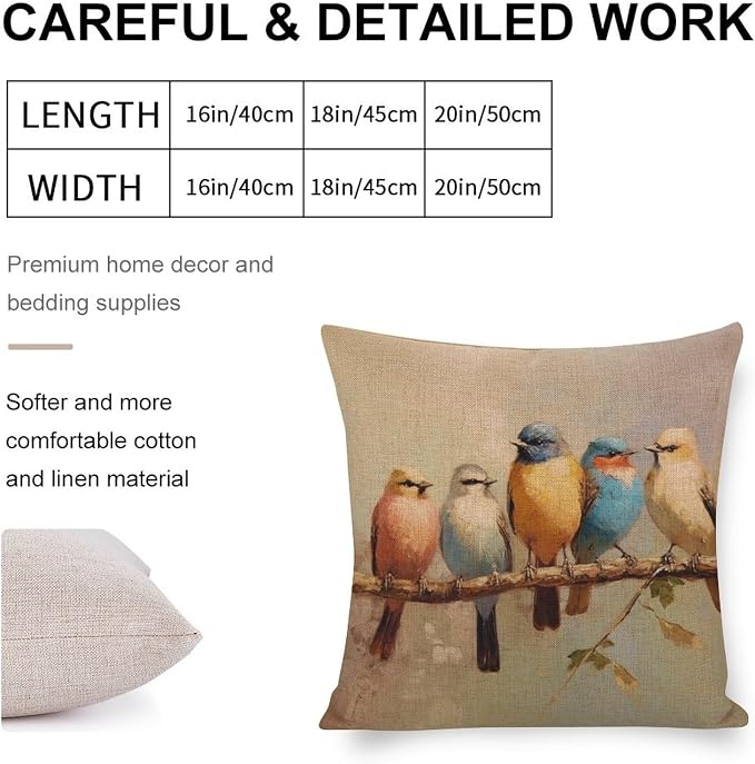 Linen Cushion Case Outdoor Home Decoration Oil Birds Tree Cushion Case Colorful Birds are Sitting on A Branch Throw Pillowcase for Farmhouse Decor Room Bedroom Sofa Chair Car 16"x16"