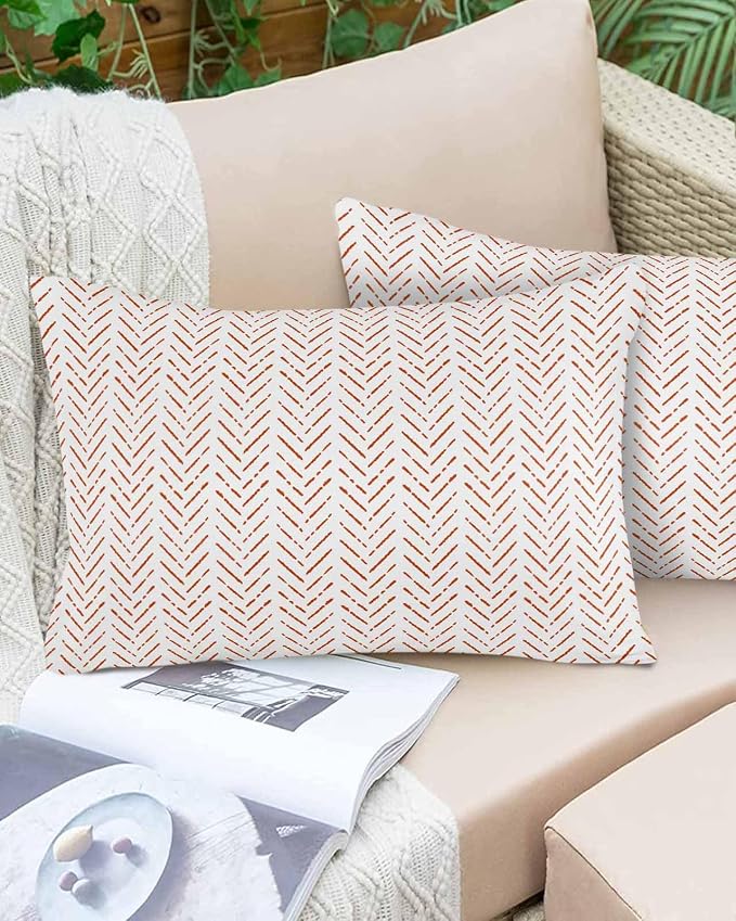 Vandarllin Outdoor Throw Pillows Covers 20x12 inch Set of 2 Waterproof OrangeStripes Decorative Zippered Cushion Covers for Patio Furniture, Modern Art Lines Lumbar Pillowcases