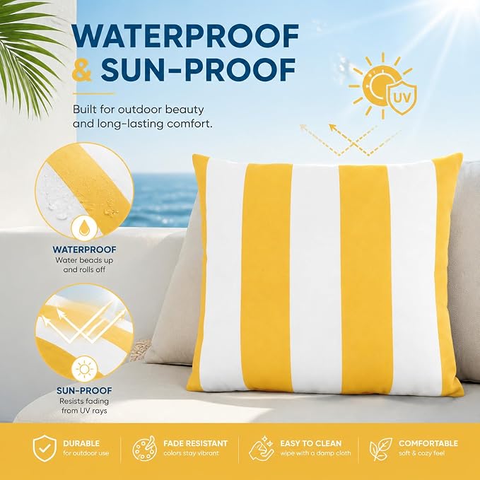 2pcs Outdoor Decor Pillows, Insert and Cover, Waterproof & Fade-Resistant Patio Couch Cushions for Garden, Porch, Poolside Sofa (Yellow White, 18x18in)