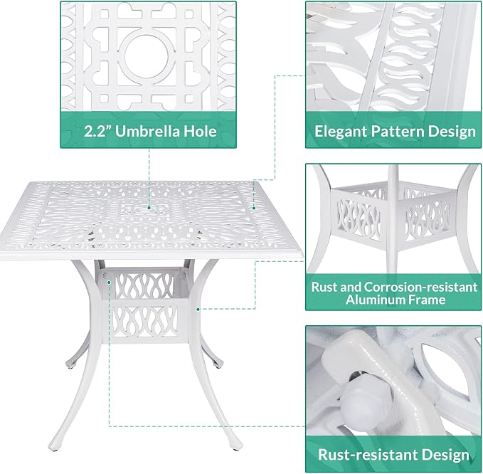 VIVIJASON 5-Piece Patio Furniture Dining Set, All-Weather White Cast Aluminum Outdoor Conversation Set, Include 4 Cushioned Chairs and a 35.4" Square Table w/Umbrella Hole for Balcony Lawn Garden