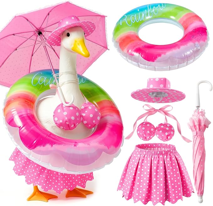 Mastom Porch Goose Outfits Fits 23" Statue Summer Outfits with Hat Swim Ring and Parasol Hawaiian Porch Goose Clothes Costume for Outdoor Patio Yard Decor