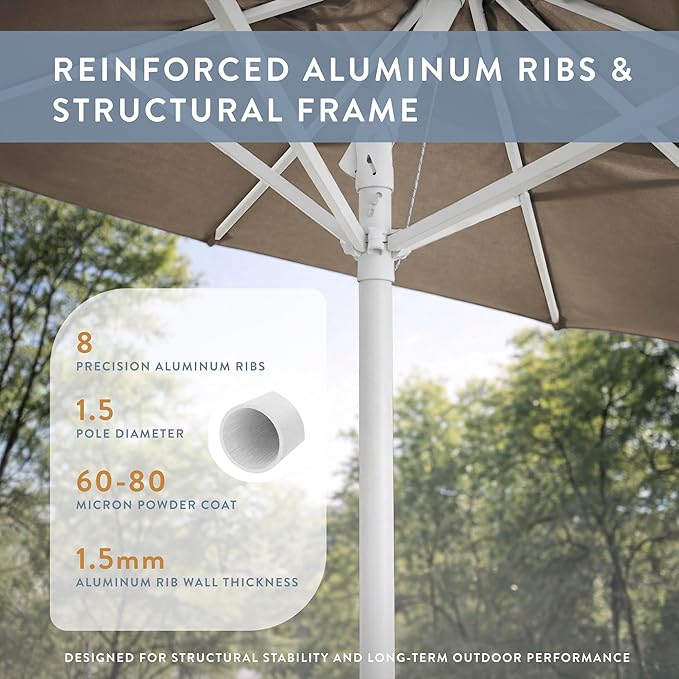 California Umbrella 12-Year Protection 9-Ft Outdoor Patio Umbrella, Sunbrella Fade-Resistant Fabric, Auto-Tilt, Heavy Duty Aluminum Frame, 8 Reinforced Ribs for Pool or Deck, White Pole, Taupe