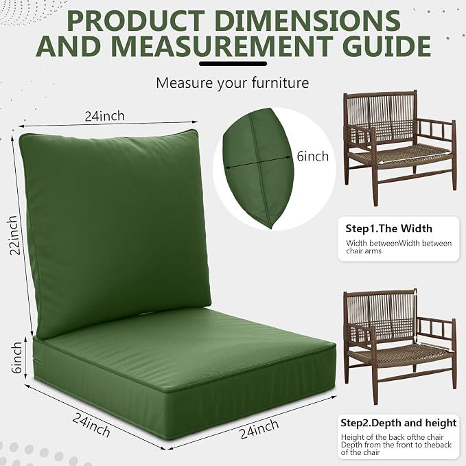 24" x 24" x 6" Outdoor Deep Seat Cushions Set - 2 Set Waterproof & Fade Resistant Patio Furniture Replacement Cushions, Non-Slip Outdoor Cushions Fit Loveseats, Couches, Chairs, Sofas.