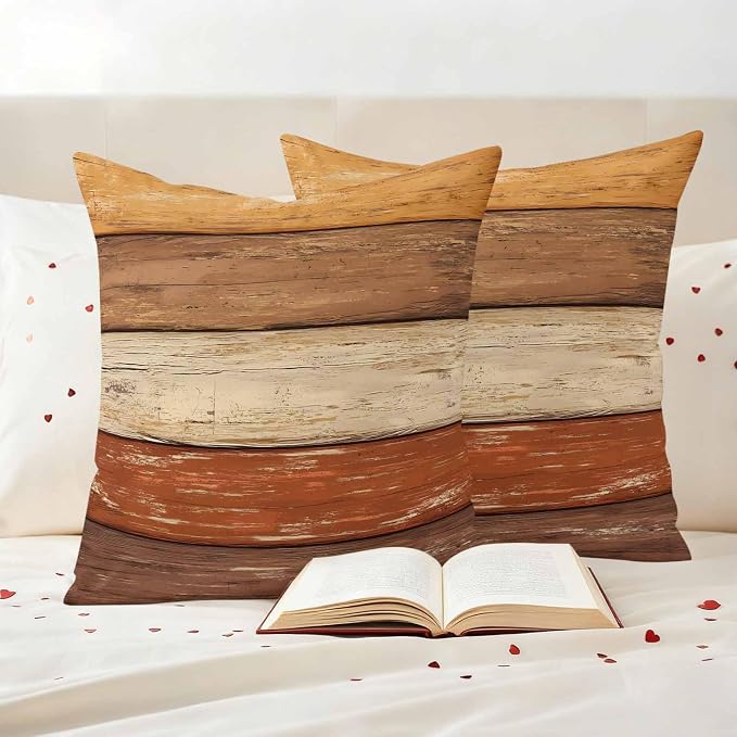 Farmhouse Burnt Orange Brown Outdoor Waterproof Pillow Covers, Vintage Wooden Striped Decorative Square Throw Pillowcase Sofa Cushion Sham for Patio/Couch/Chair, 16"x16" 2 Pack