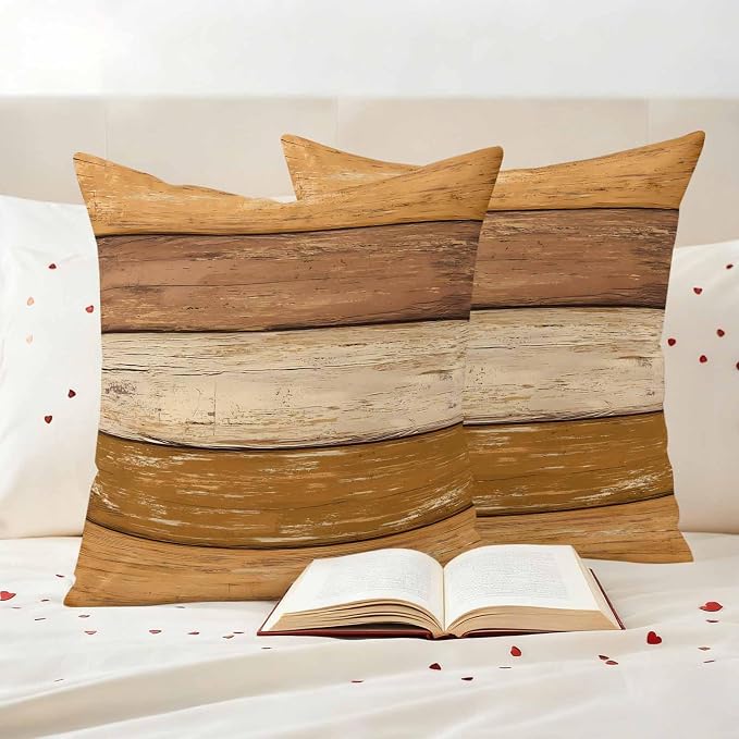 Farmhouse Yellow Brown Outdoor Waterproof Pillow Covers, Vintage Wooden Striped Decorative Square Throw Pillowcase Sofa Cushion Sham for Patio/Couch/Chair, 16"x16" 2 Pack