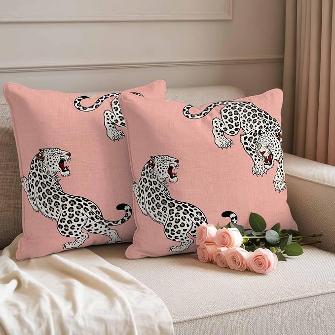 Vandarllin Outdoor Throw Pillows Covers 24x24 inch Set of 2 Waterproof Pink Leopard Decorative Zippered Cushion Covers for Patio Furniture, Bohemian Animal Print Lumbar Pillowcases