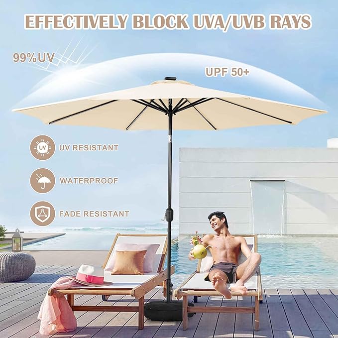 Sundale Outdoor Solar 88 LED 10 ft Patio Umbrella with Sand Bag Umbrella Base, Outdoor Umbrella with Tilt and Crank, Beige
