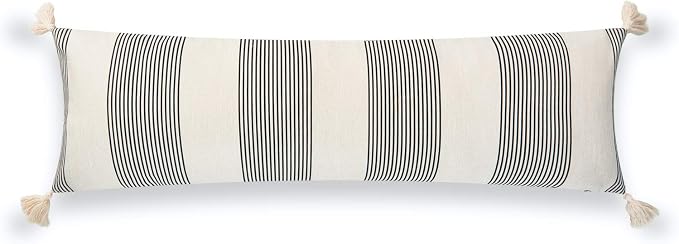 Hofdeco Modern Boho Moroccan Indoor Outdoor Body Lumbar Pillow Cover Only for Bed, Backyard, Couch, Sofa, Black White Stripe Tassels, 12"x40"