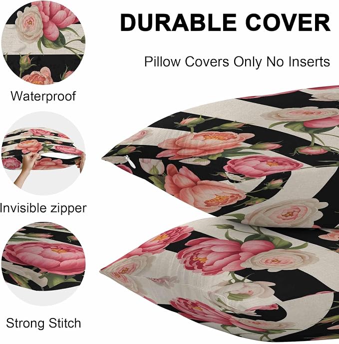Outdoor Waterproof Throw Pillow Covers Set of 2 Pink Peony Rose Pillowcases 24x24 Inches Floral Black Stripes Linen Decorative Pillows Cushion Case Patio Pillows for Couch Bed Chair Garden