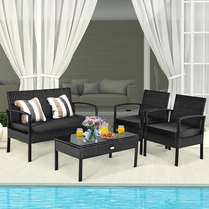 Tangkula 8 Pieces Wicker Patio Conversation Furniture Set, Outdoor Rattan Chair and Table Set, Patio Furniture Sets with Coffee Table & Washable Cushions for Courtyard Balcony Garden