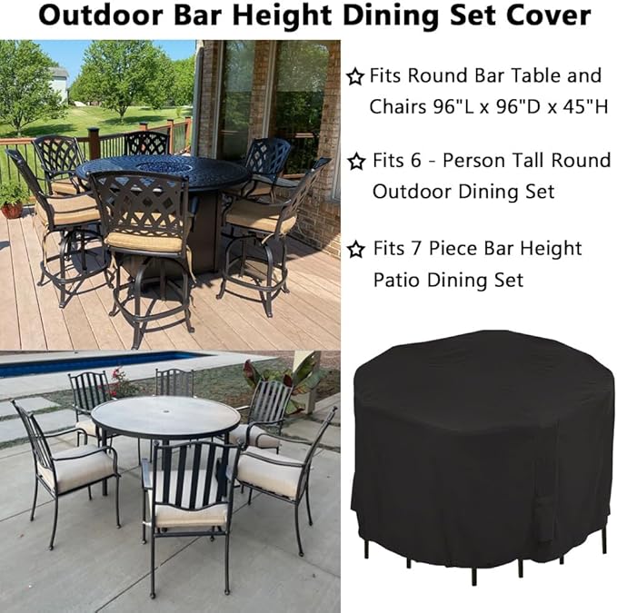 Outdoor Bar Height Dining Set Cover for 7 Piece Tall Round Bistro Outdoor Dining Set Waterproof Heavy Duty 96 Inch Round Patio Bar Height Table & Chair Sets Cover