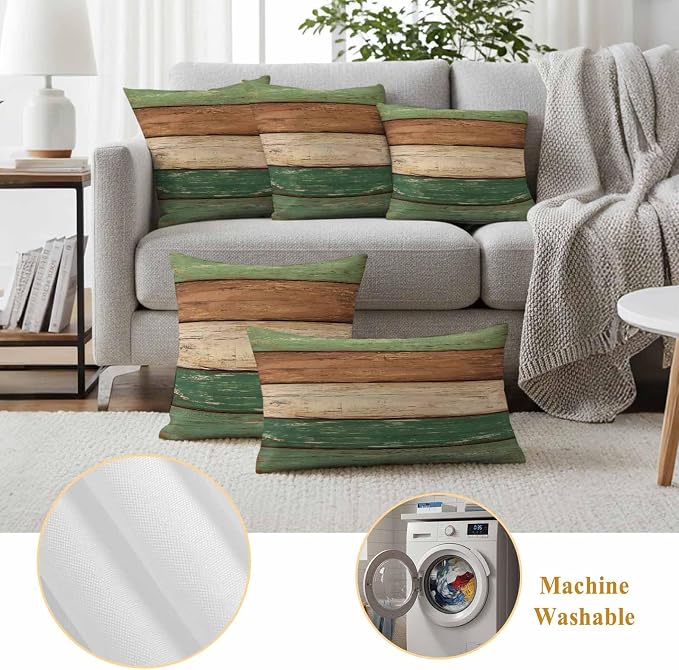 Farmhouse Dark Sage Green Brown Outdoor Waterproof Pillow Covers, Vintage Wooden Striped Decorative Square Throw Pillowcase Sofa Cushion Sham for Patio/Couch/Chair, 20"x20" 2 Pack
