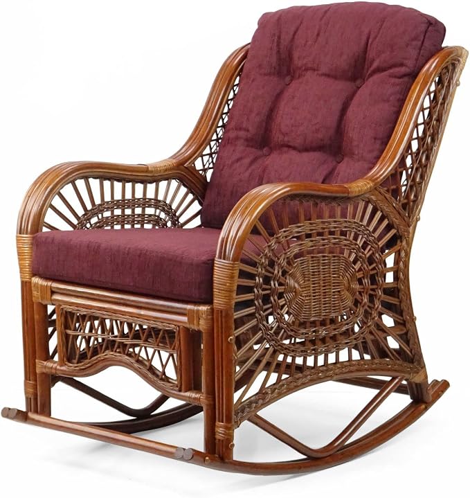 Malibu Handmade Natural Rattan Living Room Set of 2 Rocking Lounge Chairs and Round Coffee Table with Glass, Colonial Color, Dark Brown Cushions