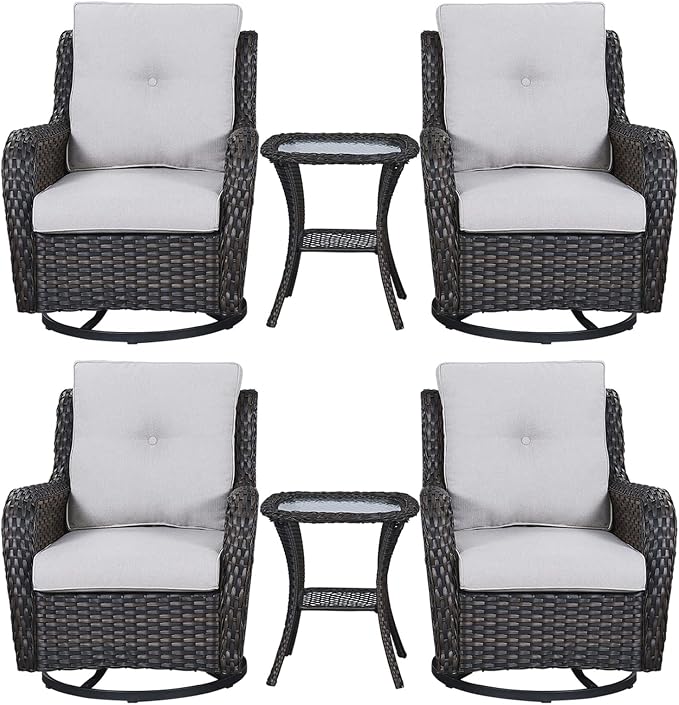 Rilyson Wicker Rocking Chair Swivel Chairs – 6 Piece Rocker Patio Furniture Set Rattan Rocking Bistro Sets with Glass Top Side Table for Outdoor Porch Deck Garden Backyard(Brown/Beige)