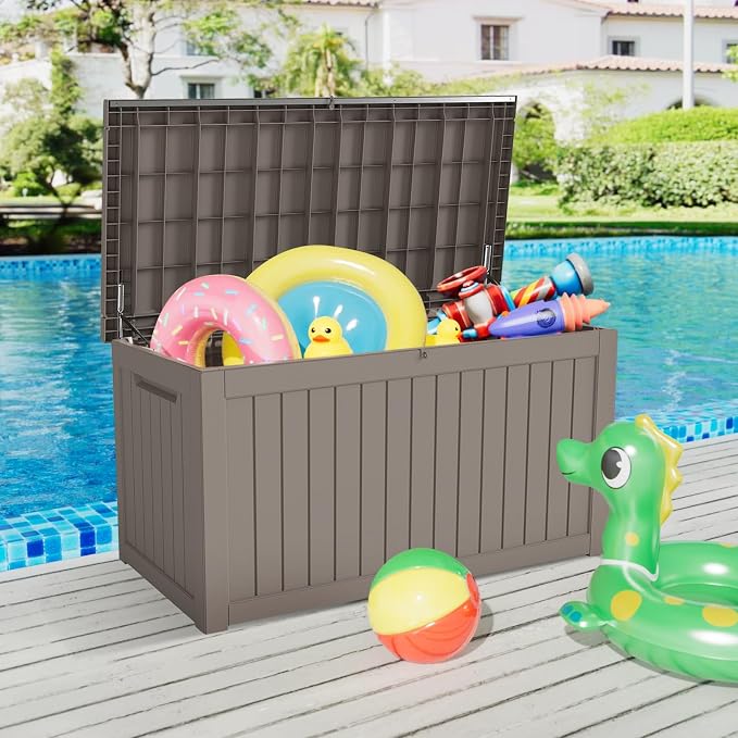 230 Gallon Outdoor Deck Boxes, IP68 Waterproof Outdoor Storage Box with Hydraulic Lid Support, Outside Resin Container for Furniture, Toy, Shoe, Garden & Patio Tools Storage -Brown