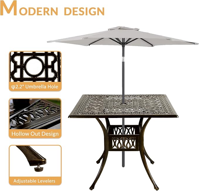 5-Piece Outdoor Patio Dining Set, All-Weather Cast Aluminum Patio Furniture Set for Backyard Garden Deck with 4 Chairs and 35.4” Square Table, 2.2" Umbrella Hole