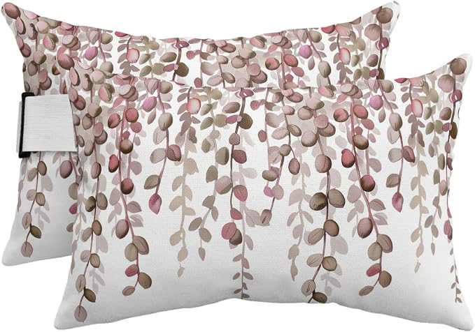 Outdoor Pillows Waterproof Covers Set of 2, Brown Eucalyptus Leaves Adjustable Elastic Chaise Lounge Headrest Pillow Covers, Watercolor Branches Lumbar Pillow for Pool Beach Patio Furniture 20x12 Inch