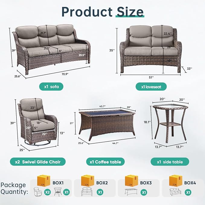 Outdoor Swivel Rocker Patio Chairs Set of 9 with 5" Thick Cushions ,9 Piece Furniture Set with Fire Pit Table All Weather Wicker Conversation Set for Porch Deck - Brown Wicker | Grey Cushions