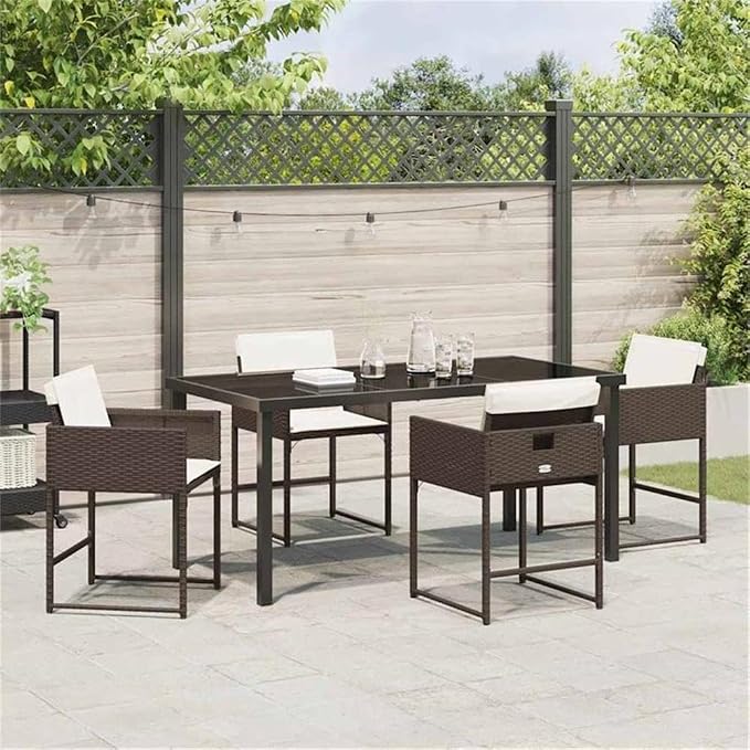 Afuera Living 5 Piece Poly Rattan Garden Dining Set with Cushions, Brown Finish, Tempered Glass Tabletop, Lightweight and Durable, Modern Patio Dining Set for Outdoor Terrace or Garden Use