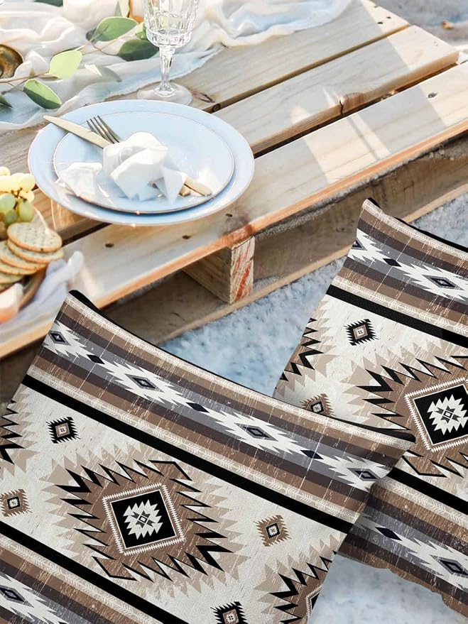 Outdoor Waterproof Throw Pillow Covers Set of 2 Brown Grey Boho Aztec Pillowcases 16x16 Inches Southwest Tribal Geometric Patio Decorative Pillows Cushion Case Patio Pillows for Couch Bed Chair Garden