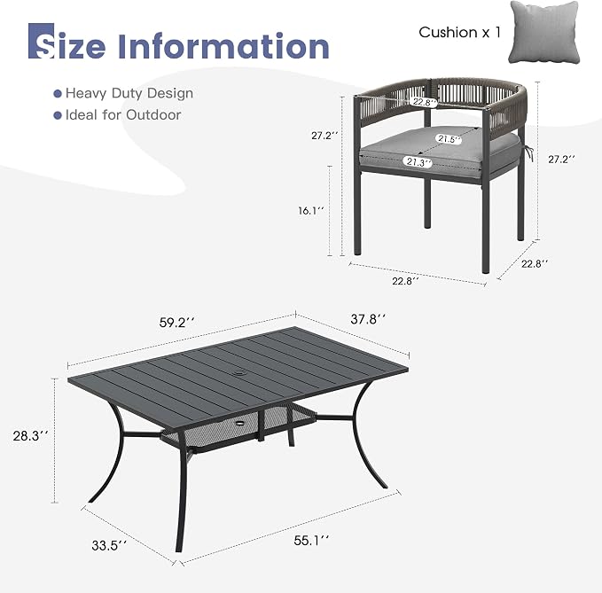 VICLLAX Patio Dining Set, 59.2" Black Table & 6 Chairs with Grey Cushion | Outdoor Table and Chairs Set of Rectangular Metal Patio Table, Outdoor Dining Chairs with Metal Frame, Garden Deck Porch