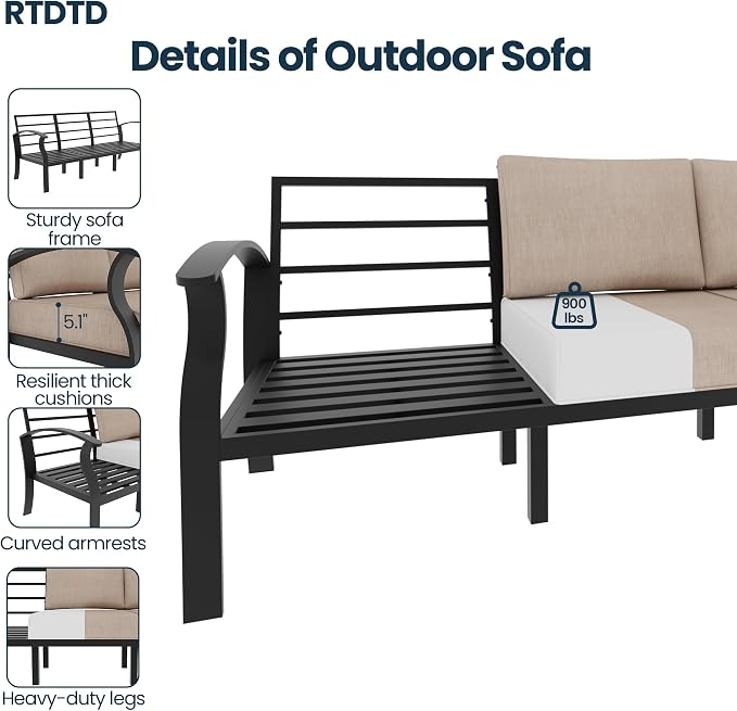 Aluminum Outdoor Patio Furniture Set,5 Pieces 8 Seats Patio Conversation Sets with 45" Propane Fire Pit Table,Metal Patio Sectional Furniture Set w/5.1" Cushions for Porch,Deck,Backyard,Sand