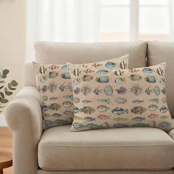 Outdoor Pillow Covers 20x12 Set of 2, Ocean Fishes Waterproof Patio Throw Pillow Covers for Couch Sofa Chair, Retro Tropical Coastal Animal Brown Decorative Pillowcases for Throw Pillows