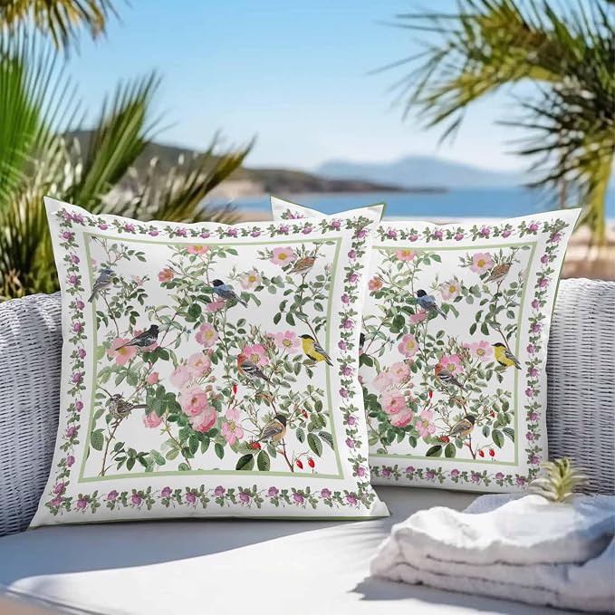 Vandarllin Outdoor Throw Pillows Covers 24x24 inch Set of 2 Waterproof Pink Floral Bird Decorative Zippered Cushion Covers for Patio Furniture, Green Leaves Branches Lumbar Pillowcases
