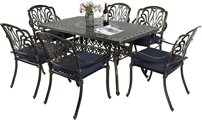 MEETWARM 7-Piece Outdoor Patio Dining Set, 6 Outdoor Dining Cushioned Chairs and 1 Rectangle Table with 2" Umbrella Hole, All Weather Cast Aluminum Patio Funiture Set for Backyard, Navy Blue