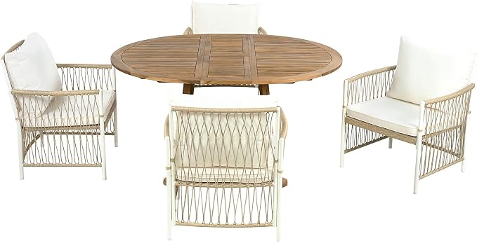 Modern 5-Piece Outdoor Patio Dining Set, All-Weather Acacia Wood Extendable Round Dining Table with 12inch Butterfly Leaf and 4 Rattan Arm Chairs for Backyard, Garden, Poolside