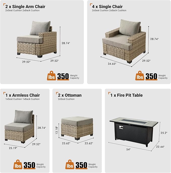 ovios 10 Piece Patio Sectional Furniture with 42in Fire Pit Table, Rattan Wicker Coversation Setwith Single Chairs, Outdoor Sofa Set for Outside Porch Balcony Backyard Pool, Dark Grey