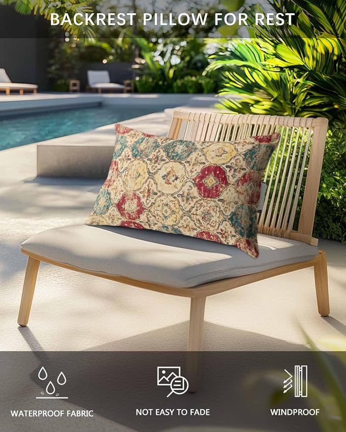 Pack of 2 Outdoor Lumbar Cushions with Inserts, Vintage Morocco Country Ethno Art Texture Waterproof Fluffy Fade Body Pillows, Patio Furniture Pillow for Home Balcony Garden Decor 12x20IN