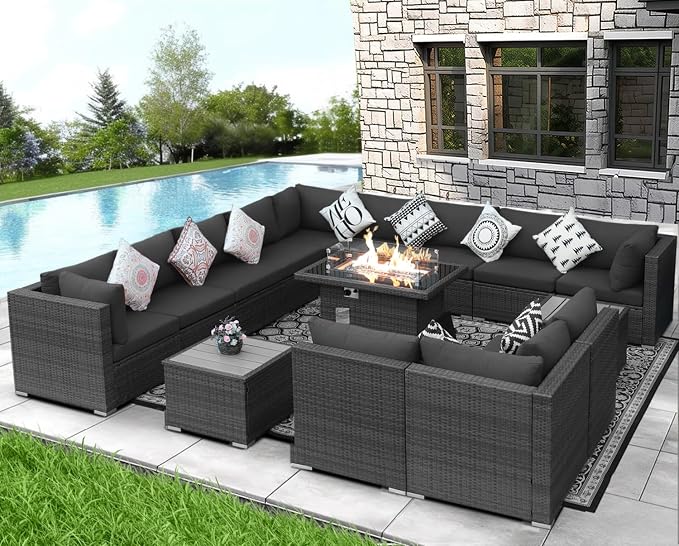 NICESOUL 15 Piece Outdoor Patio Furniture Set with Fire Pit, Extra Large Wide Outdoor Deep Seated Sectional, Cozy 29.3'' High-Back Modular Couch, 500 Lbs High Weight Capacity Wicker Sofa, Dark Gray