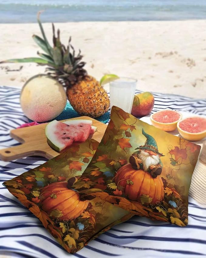 Outdoor Waterproof Throw Pillow Covers 24x24in, Fall Gnome Pumpkin Cushions for Garden Patio Furniture Chairs Set of 2, Maple Leaves Home Decor Couch Sofa Polyester Pillow Cases