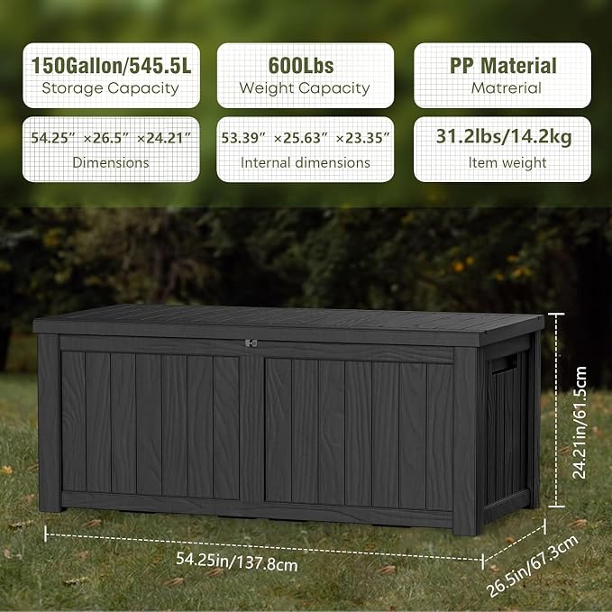 Outdoor Storage Box Waterproof, 150 Gallon Large Deck Box Lockable, Patio Storage Bin Resin for Pool Accessories Cushion Furniture, Garden Tools, UV-Resistant Outside Delivery Black