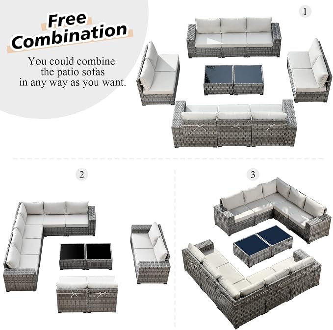 HOOOWOOO Outdoor Patio Sectional Furniture Sofa Set with Widened Armrest,12 Piece Large Modern Wicker Couch,Modular L Shaped Conversation Seating Set with Table for Out Door Garden Corner(Beige Tan)