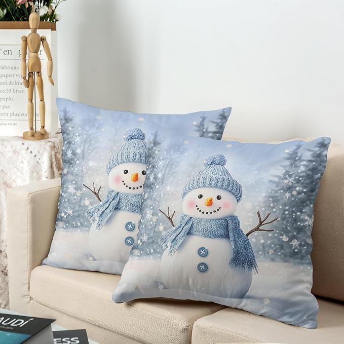 Blue Snowman Throw Pillow Covers Winter Pillow Covers 20x20 Snowflakes Pillow Case Double Sided Printing Cushion Case for Home Decor Couch Sofa Set of 2