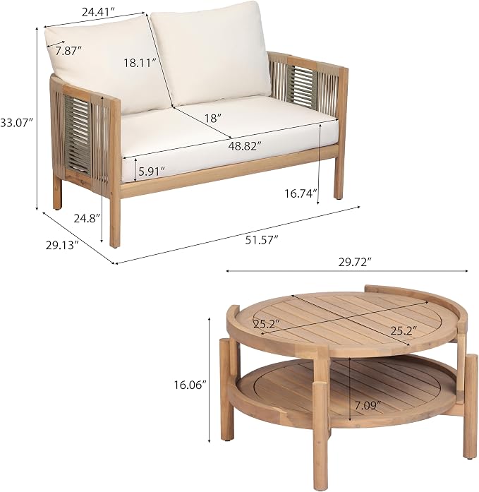 Christopher Knight Home Outdoor Acacia Wood Loveseat with Coffee Table, Acacia Wood Patio Furniture, Outdoor Conversation Sofa Set, Patio Sectional Chat Set for Backyard Balcony, Teak+ Beige