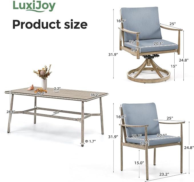 7-Piece Outdoor Dining Set for 6, Aluminum Dining Set with Cushions, 4 Dining Chair and 2 Swivel Chairs with Rope Backrest, Large Rectangular Table with Umbrella Hole for Lawn Porch Yard,Brown