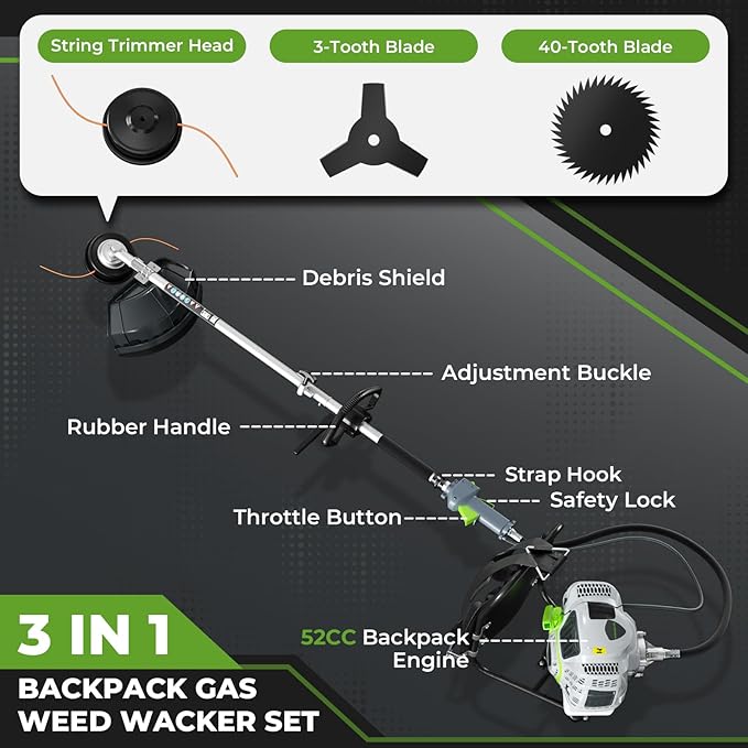 52CC Gas Powered Weed Wacker, 3IN1 2-Stroke Backpack Gas Powered Weed Eater String Trimmer, Brush Cutter 3/40-Tooth Blade for Garden, Yard