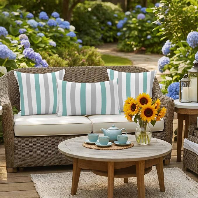 Turquoise Gray Striped Waterproof Outdoor Pillow Covers Set of 2 Home Decor, Farmhouse Stripe Art Pillowcase Patio Pillow Covers for Couch Bench Furniture Garden 16x16in