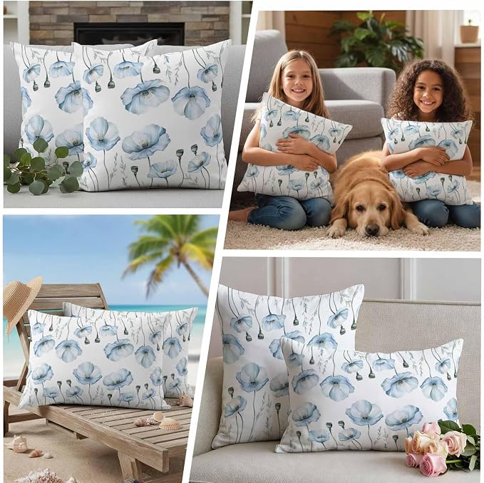 Blue Poppy Floral Waterproof Outdoor Pillow Covers Set of 2 Home Decor, Farmhouse Pastoral Botanical Flowers Pillowcase Patio Pillow Covers for Couch Bench Furniture Garden 18x18in