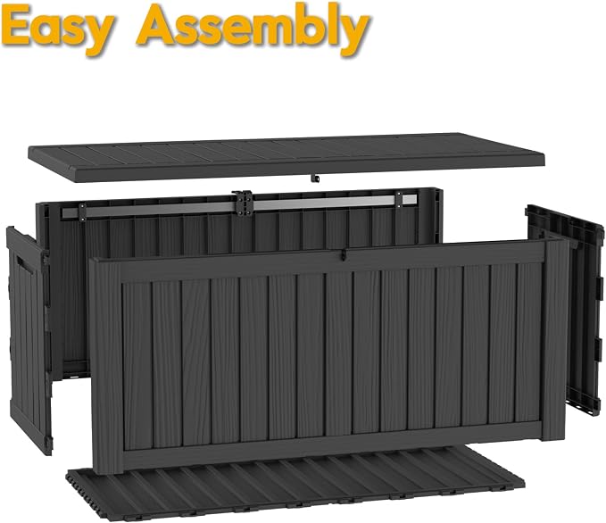 LAUSAINT HOME 240 Gallon Giant Resin Deck Box with Hydraulic Pistons - Waterproof Outdoor Storage Bench for Large Cushions, Lockable Patio Bin for Pool and Backyard (Black)