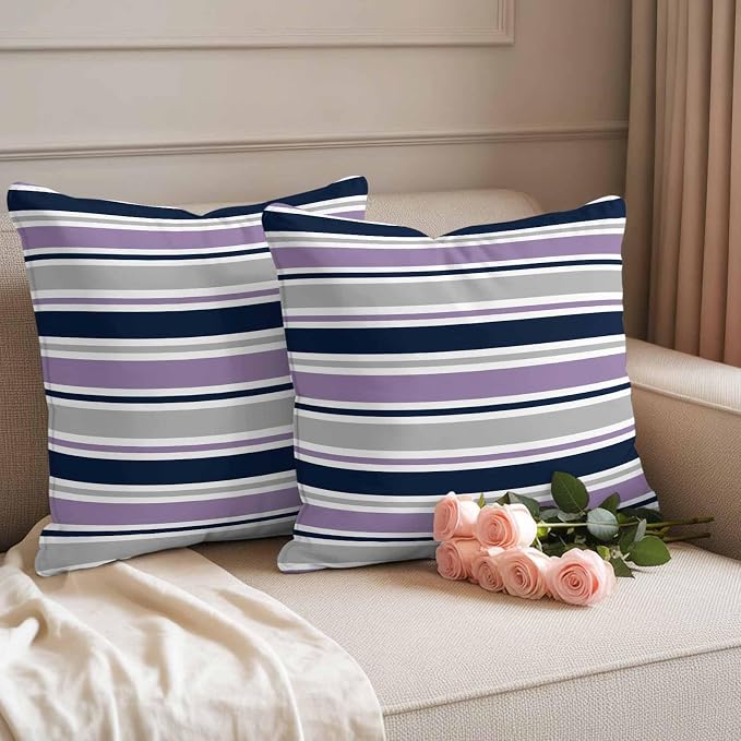 Purple Grey Striped Outdoor Pillow Cover 20x20 Inch Cushion Sham Case, Farmhouse Stripes Modern Abstract Art Waterproof Decorative Square Throw Pillowcase for Outside Garden Patio Porch Couch Chair